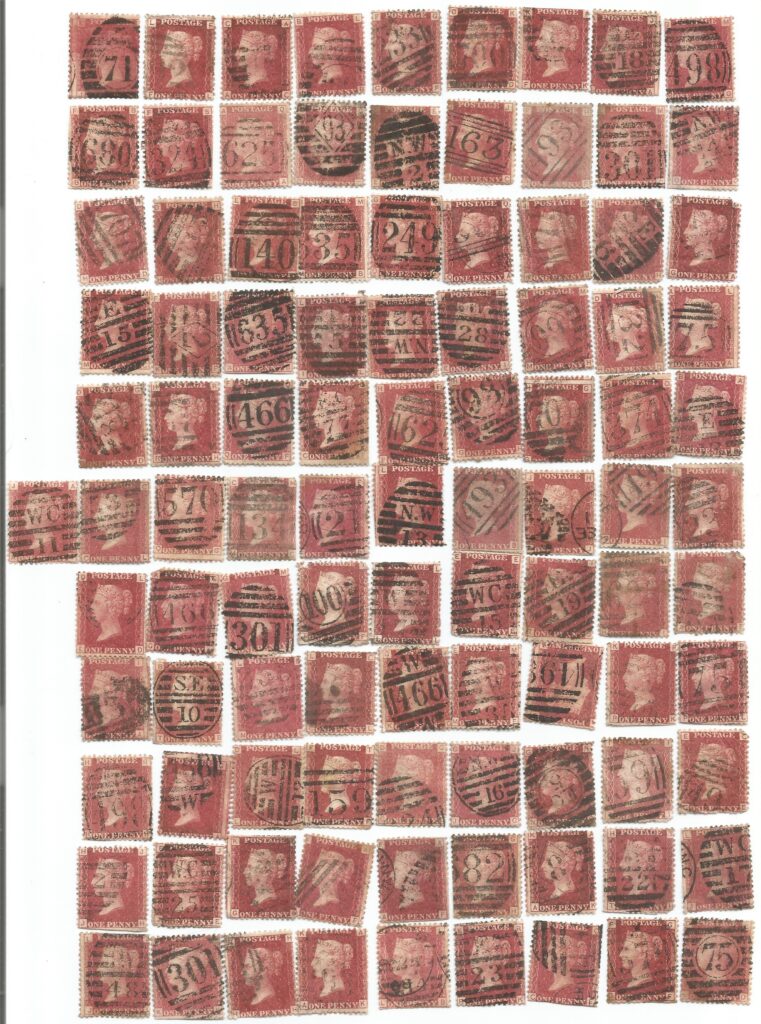 A scan of my listing on ebay of 111 Penny red stamps